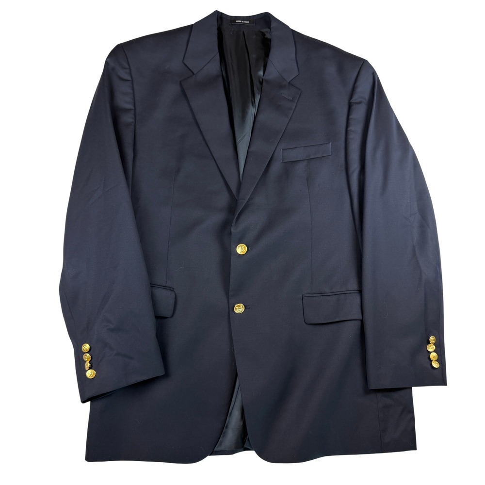 Chaps Mens Navy Blue 100% Wool Blazer Gold Crest Buttons Sport Coat 46L